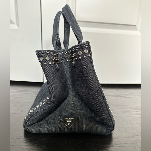 Prada Limited Edition Denim Studded Bag Tote Diaper Bag Beach - Picture 3 of 8